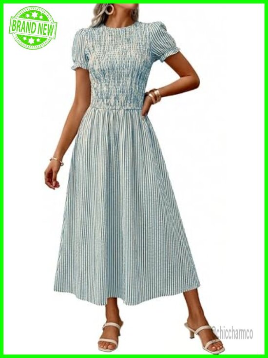 Dresses & Skirts - Women's Striped Smocked Midi Dress Puff Sleeve A-Line Boho